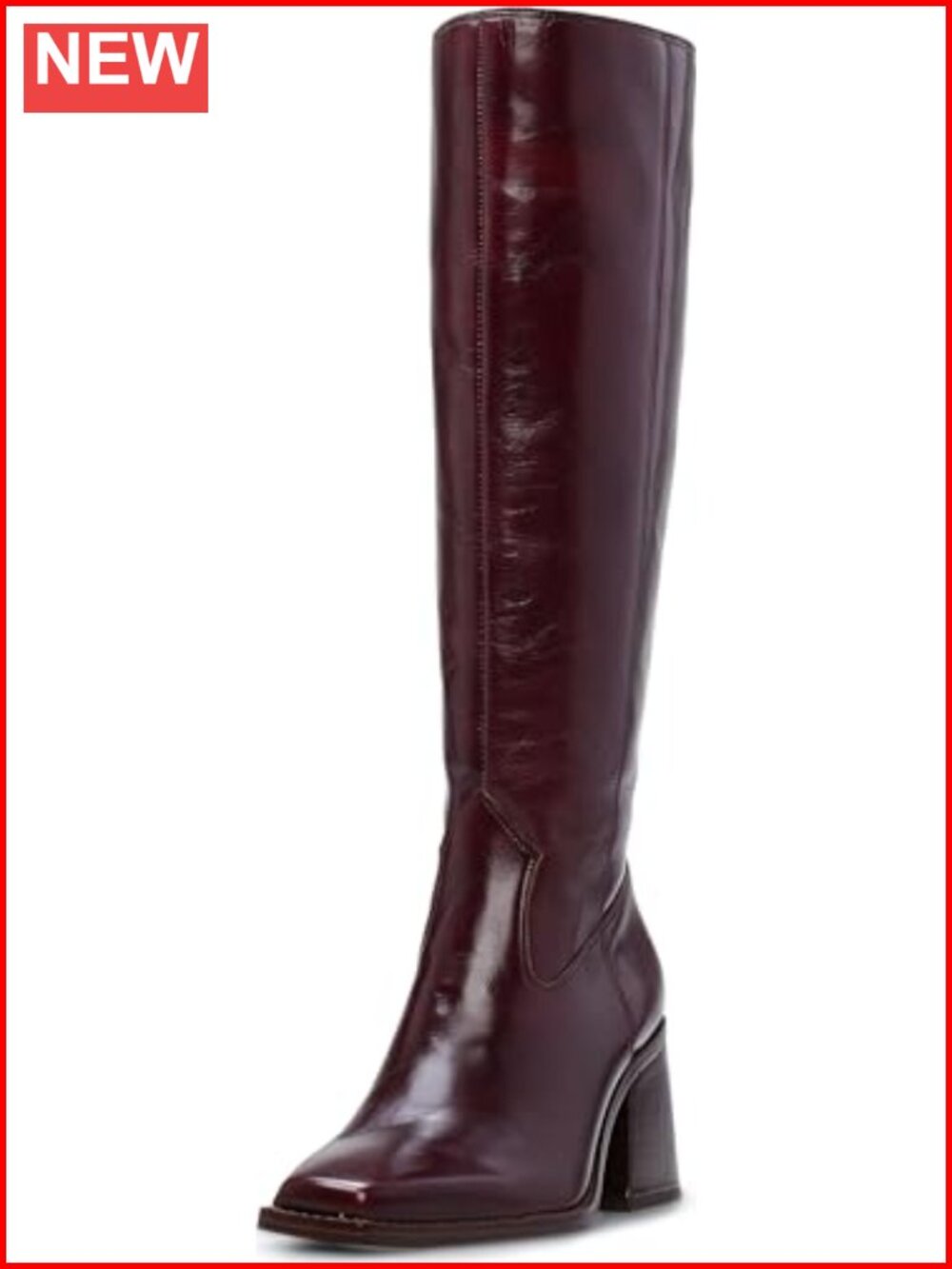 Leather Knee High Stacked Heel Boot Square Toe Zipper Closure